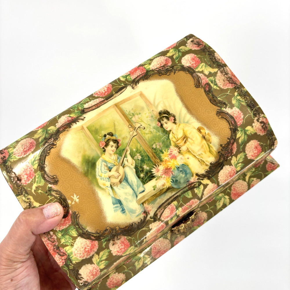 Vtg Japanese Geisha Floral Boudoir Vanity Jewelry Box Pink Satin Lined Asian